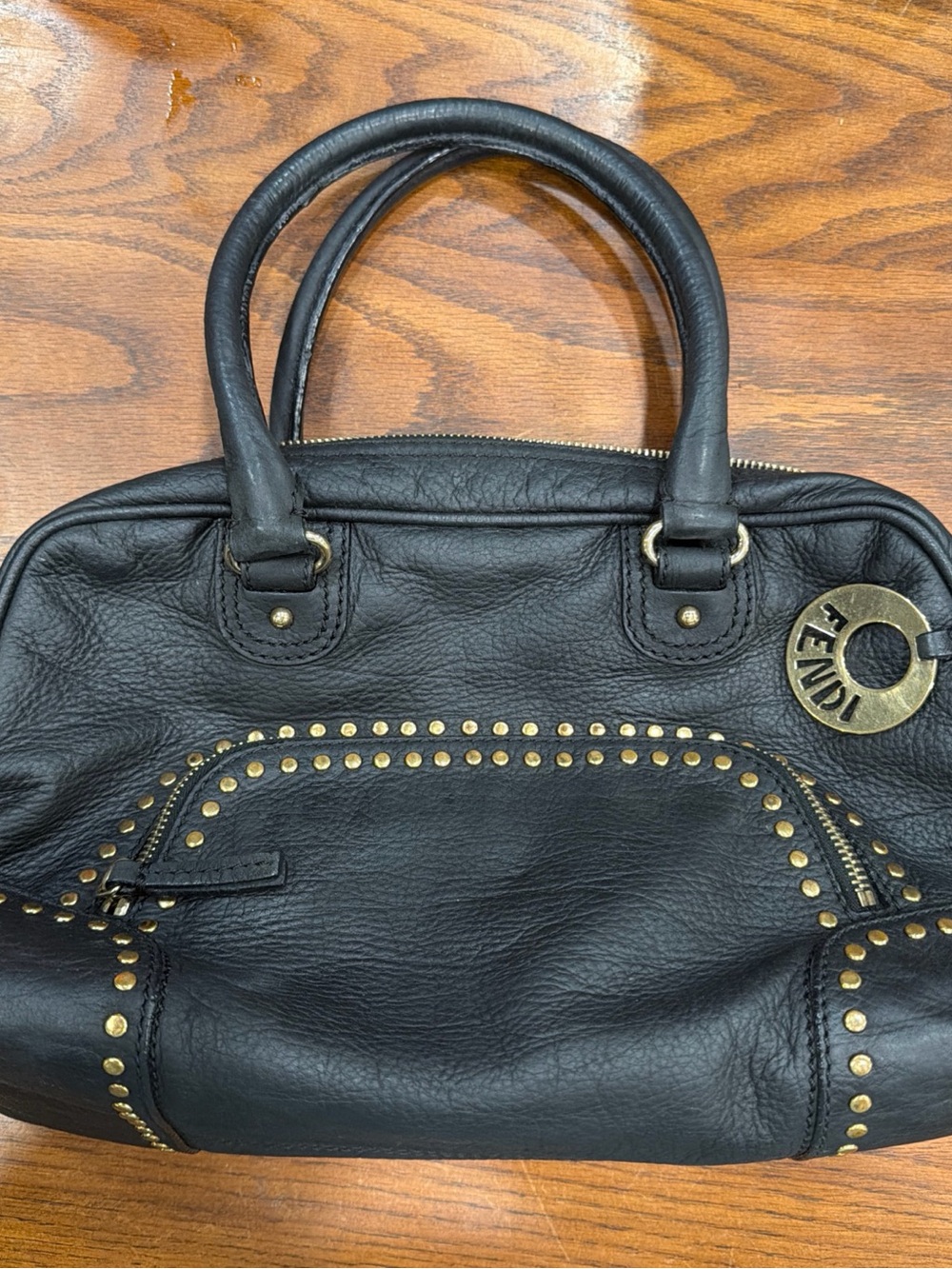 Fendi Black Leather Satchel with Gold-Tone Studs and Logo Charm